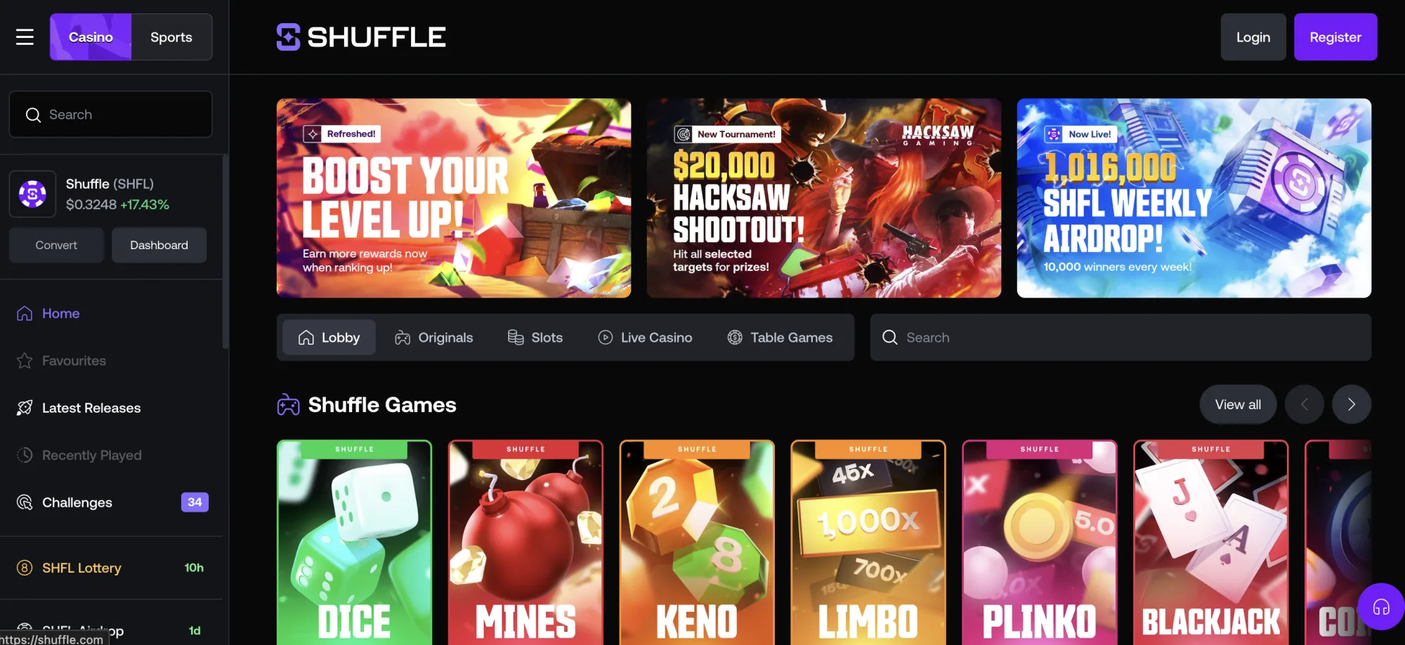 Shuffle.com casino lobby showing promotions, navigation and Shuffle Original games