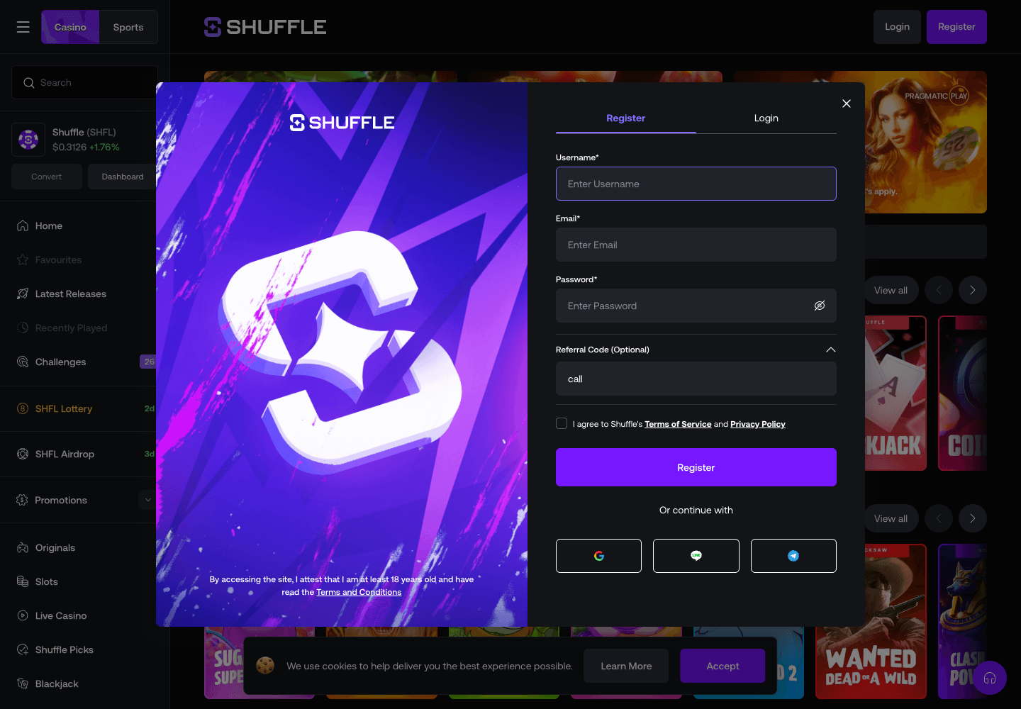 Unsubmitted Shuffle registration form with empty account fields and call in the optional referral field