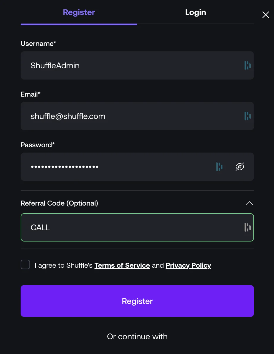 Shuffle registration form with the optional referral code field expanded and code CALL entered